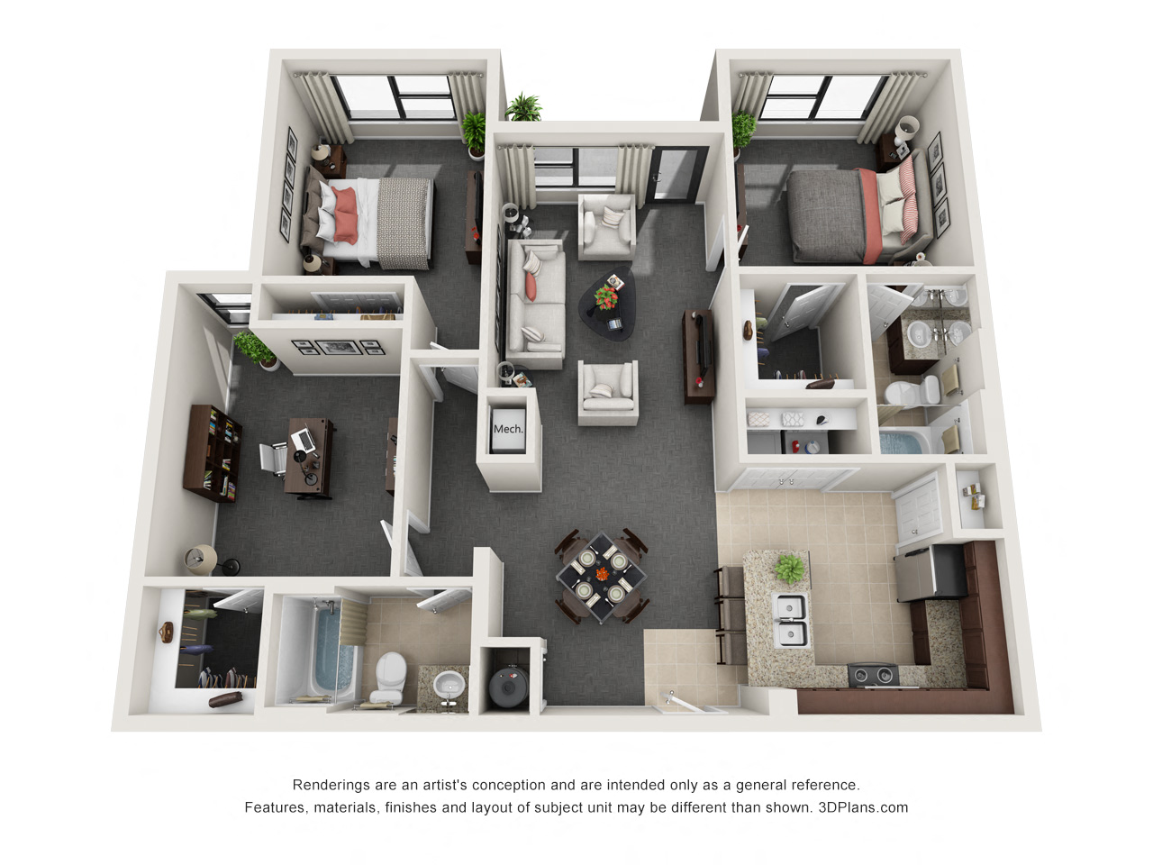 Floor plan for 2 beds, 2 baths, 1137 sqft
